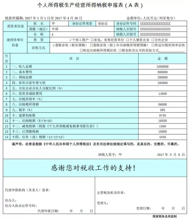 个人所得税申报表(a表)填写案例讲解